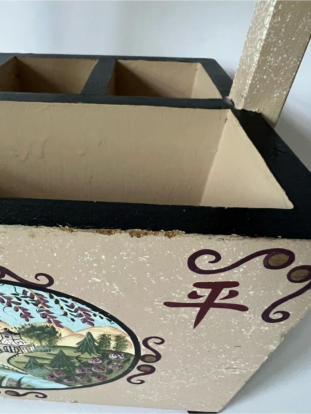 Vintage Wooden Caddy Hand-Painted with Floral Landscape Design Chinese Symbols